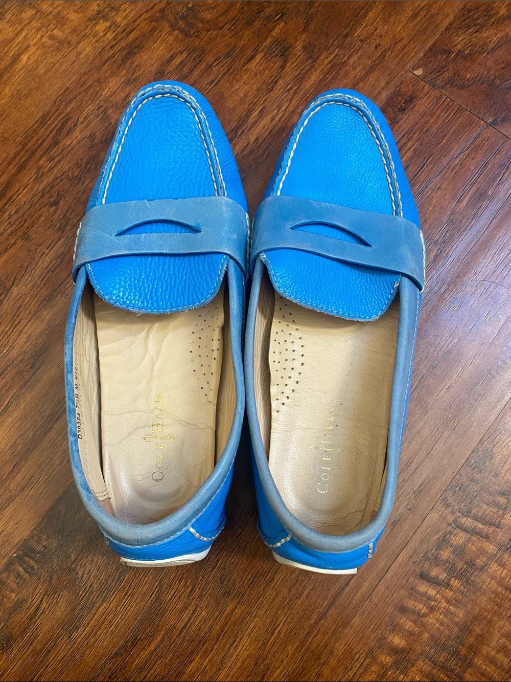 Cole Haan Vibrant Blue Leather Penny Loafers with Light Gray Accents